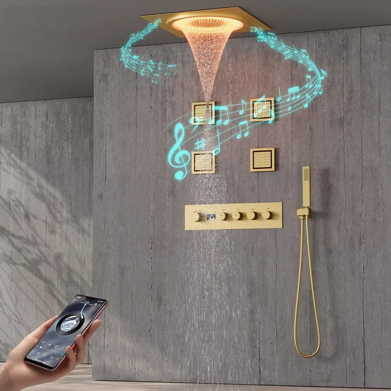 Music - スマートLEDシャワーセット 浴室音楽内蔵レインフォールシステム ブラックマット 壁掛け式 高級スパ ホームホテル装飾ギフト