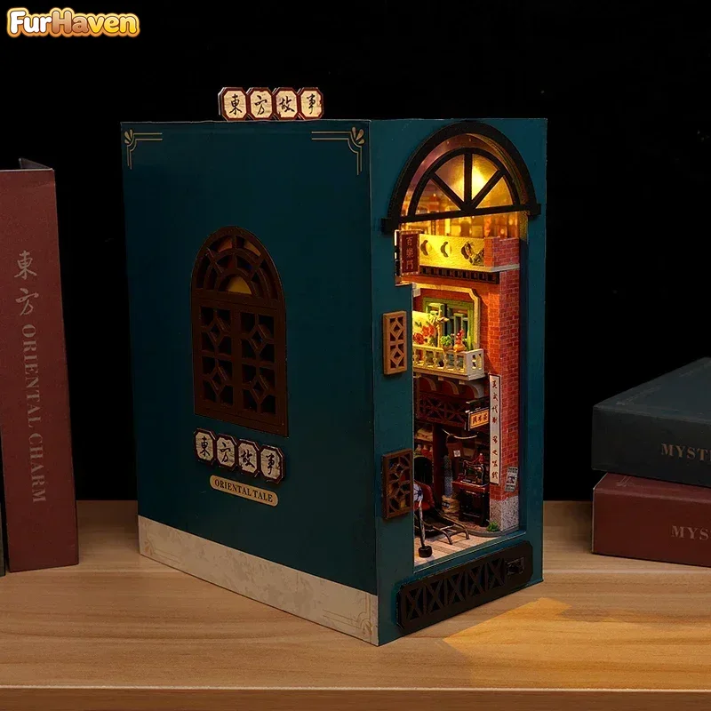 Diy Wooden Book Nook Kit Shelf Insert - DIY 木製東洋物語中国本棚手作りブックエンドブックヌック棚インサートミニチュアモデルキット