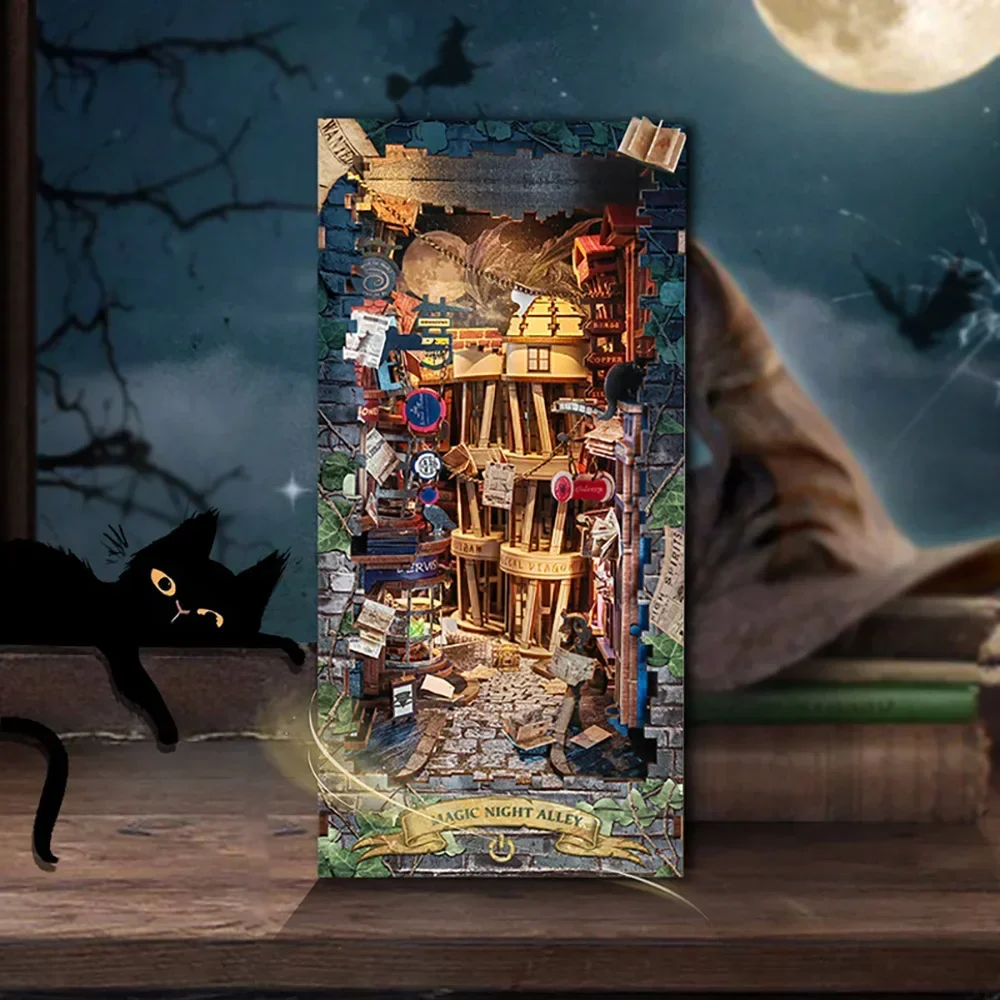 Diy Wooden Book Nook Kit Shelf Insert - レトロDIY魔法の夜路木製ブックヌック棚インサートミニチュアキット本棚ホームデコレーション