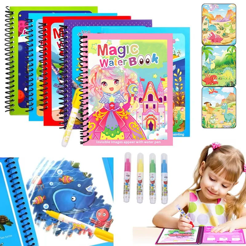 Reusable Water Magic Coloring Book - 漫画マジックウォータードローイングブック ウォーターペン付き 再利用可能な塗り絵ブック 早期学習教育用落書きおもちゃ 子供向け