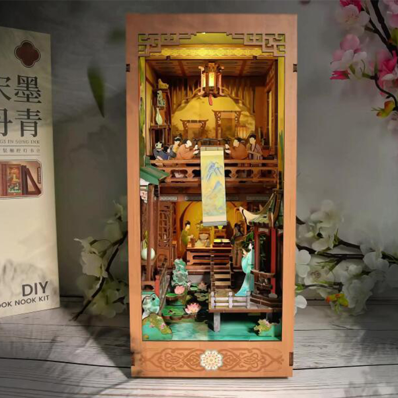 Diy Wooden Book Nook Kit Shelf Insert - DIY木製ブックヌック棚インサートキット、宋王朝ブックエンドミニチュアモデルキット、ライト付き本棚、友達の誕生日プレゼントに