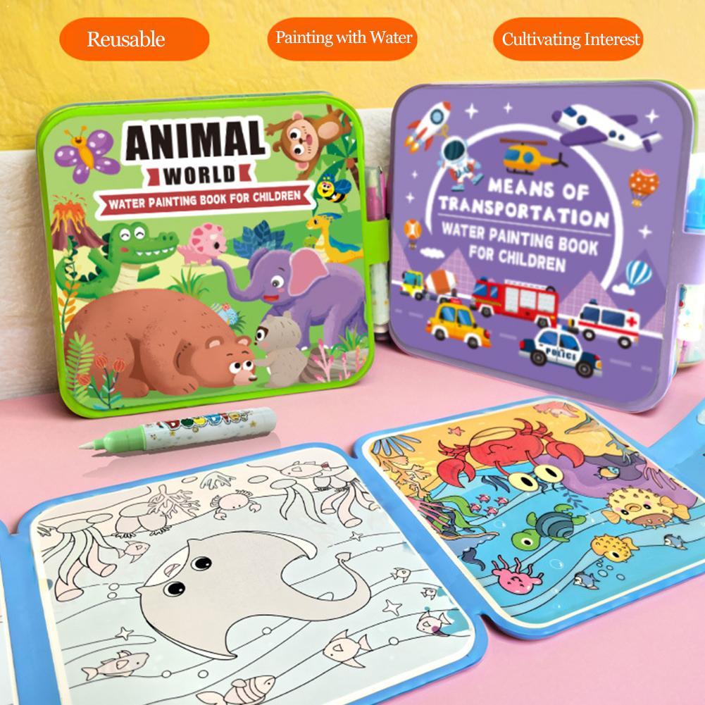 Reusable Water Magic Coloring Book - 子供用折りたたみ式水彩画帳、再利用可能な魔法の落書きぬりえパッド（ペン付き）、教育的な動物と海の世界の描画帳