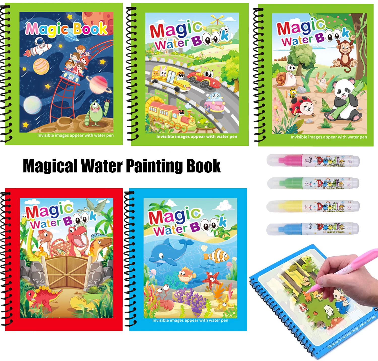 Reusable Water Magic Coloring Book - 1pc 再利用可能な子供用マジックウォーター描画ブックとペン付き繰り返し塗り絵マジックウォーター描画ブック感覚早期教育玩具