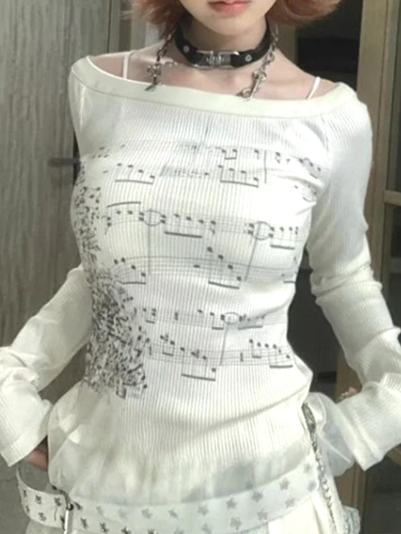 Music - 音符プリント長袖トップス女性ラウンドネックカジュアル韓国スタイル Tシャツストリート原宿美的 Tシャツ