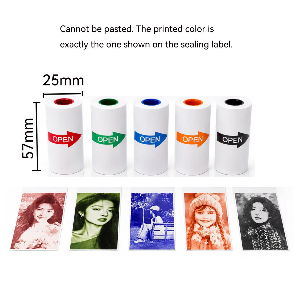 Mini Pocket Thermal Printer Paper Roll - 57x25mm 白/カラー感熱紙ロール - 粘着剤なし 子供用ミニポケットフォトプリンター用 57mm印刷材